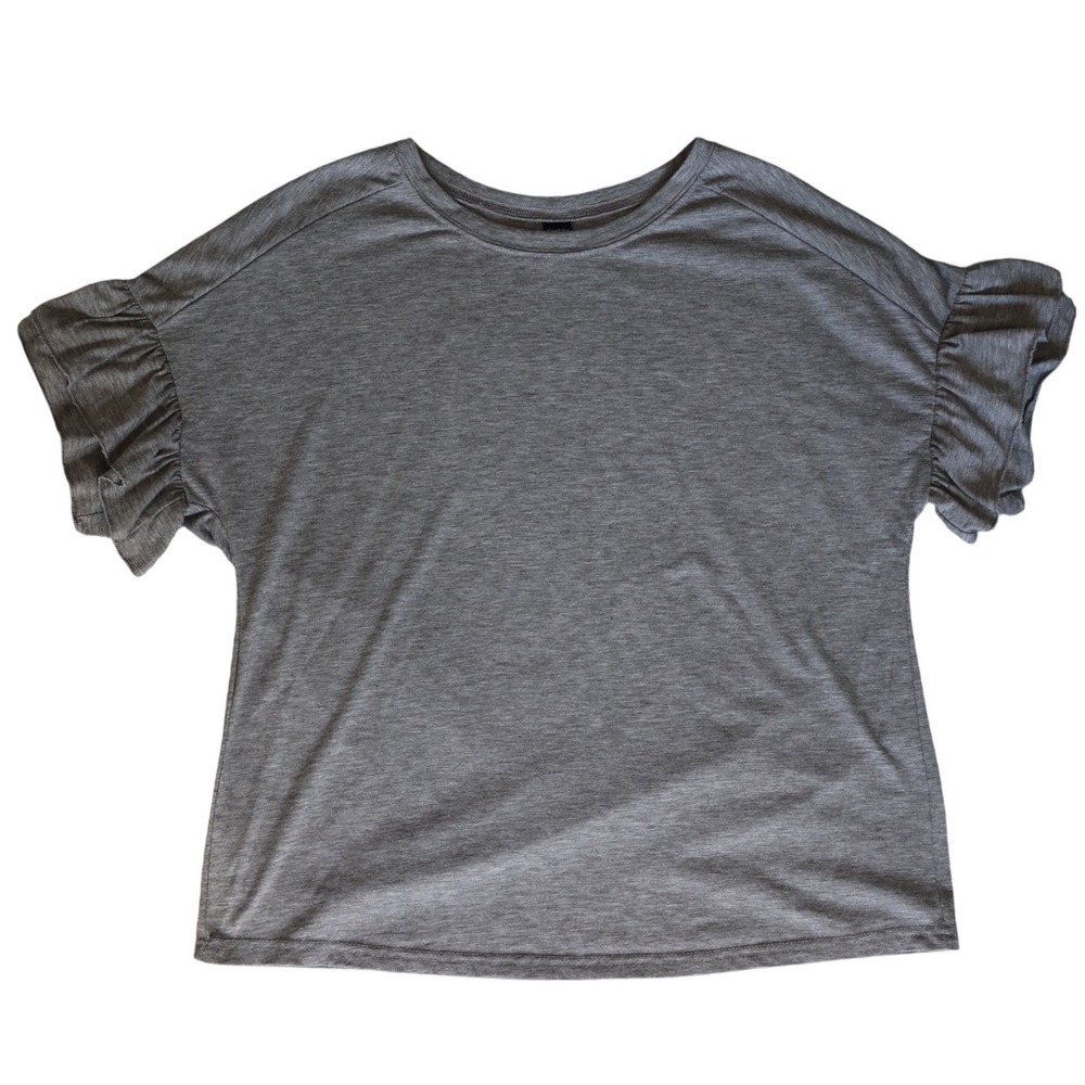 Emery Rose Womens Heather Gray Ruffle Short Sleeve Crew Neck Knit Top Size L